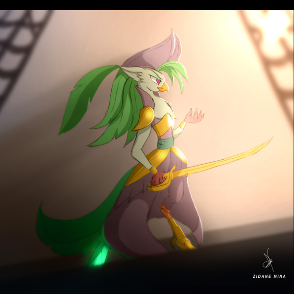 Size: 1600x1600 | Tagged: safe, artist:zidanemina, derpibooru import, captain celaeno, anthro, bird, parrot, my little pony: the movie, amputee, art trade, captain, clothes, female, hat, image, jpeg, melee weapon, pirate, pirate hat, prosthetic leg, prosthetic limb, prosthetics, ship, smiling, solo, sword, weapon