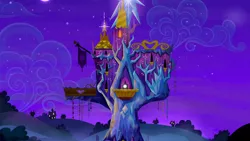 Size: 1280x720 | Tagged: safe, derpibooru import, screencap, do princesses dream of magic sheep, background, cloud, image, night, no pony, png, ponyville, scenic ponyville, twilight's castle