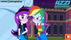 Size: 800x450 | Tagged: suggestive, artist:uzzi-ponydubberx, derpibooru import, rainbow dash, oc, oc:estrella sombra, equestria girls, animated, blushing, canon x oc, canterlot high, clothes, cute, dress, eyes closed, fall formal outfits, female, females only, fingerless gloves, gif, gloves, happy, holding hands, image, kissing, lesbian, love, night, patreon, patreon logo, shipping, sleeveless, smiley face, surprise kiss, surprised, zoom