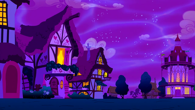 Size: 1280x720 | Tagged: safe, derpibooru import, screencap, do princesses dream of magic sheep, background, dream realm, image, night, no pony, png, ponyville, scenic ponyville