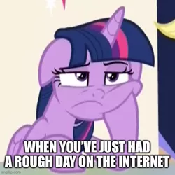 Size: 500x500 | Tagged: safe, derpibooru import, edit, edited screencap, screencap, applejack, twilight sparkle, twilight sparkle (alicorn), alicorn, earth pony, pony, the beginning of the end, caption, duo, duo female, female, image, image macro, imgflip, jpeg, mare, offscreen character, solo, text, twilight is not amused, unamused