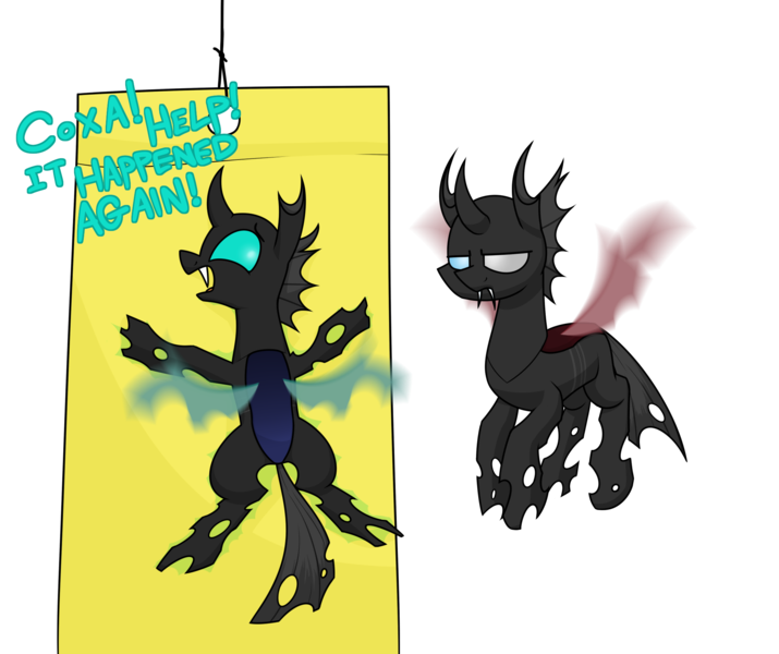 Size: 2112x1773 | Tagged: safe, artist:moonatik, derpibooru import, oc, oc:coxa, oc:mimesis, unofficial characters only, changeling, adorable distress, bugs doing bug things, changeling oc, cute, dialogue, fangs, flying, fly paper, image, male, not this shit again, png, red changeling, simple background, stuck, transparent background
