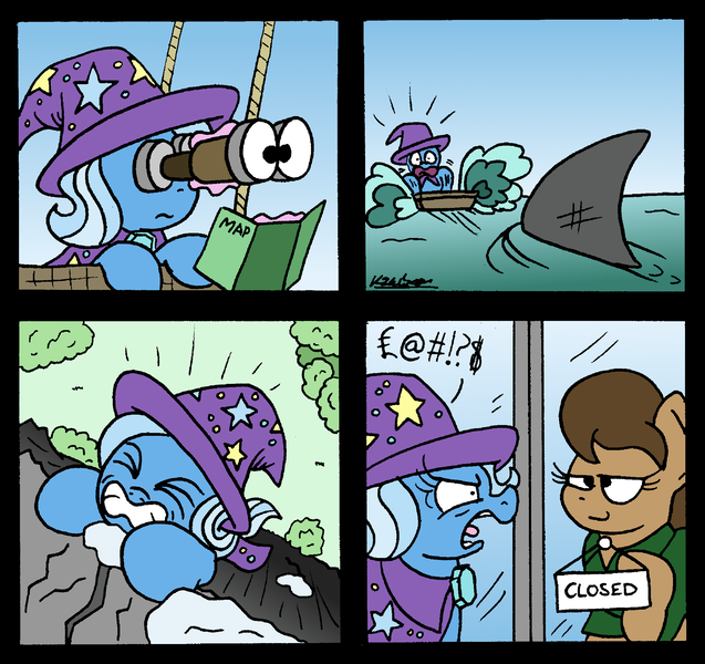 Size: 2158x2034 | Tagged: safe, artist:bobthedalek, derpibooru import, trixie, oc, earth pony, pony, shark, unicorn, atg 2021, binoculars, cape, clothes, comic, hat, image, implied swearing, newbie artist training grounds, panic, png, polo shirt, rowboat, smug, trixie's cape, trixie's hat