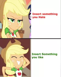 Size: 799x1000 | Tagged: safe, artist:rainbowdashfan201, derpibooru import, edit, screencap, applejack, equestria girls, equestria girls series, holidays unwrapped, spoiler:eqg series (season 2), applejack is not amused, crossed arms, eyes closed, female, geode of super strength, grin, hotline bling, image, magical geodes, meme, meme template, png, smiling, template, the cider louse fools, unamused