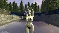 Size: 3840x2160 | Tagged: suggestive, artist:calypsosfm, derpibooru import, rarity, anthro, plantigrade anthro, 3d, bathing, belly button, big breasts, bikini, breasts, busty rarity, clothes, female, females only, high res, hips, hot springs, huge breasts, image, onsen, png, posing for photo, scenery, smiling, smirk, solo, solo female, source filmmaker, swimsuit, water