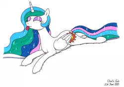 Size: 1920x1362 | Tagged: safe, artist:killerteddybear94, derpibooru import, princess celestia, alicorn, pony, :p, celestia day, cute, cutelestia, eyes closed, female, image, jpeg, lying down, mare, prone, sillestia, silly, silly pony, simple background, smiling, sploot, tongue out, traditional art, white background