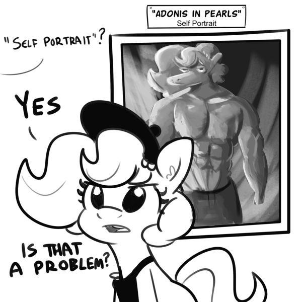 Size: 3000x3000 | Tagged: safe, artist:tjpones, derpibooru import, oc, oc:brownie bun, unofficial characters only, earth pony, pony, black and white, female, grayscale, hat, image, mare, monochrome, offscreen character, png, smock, solo