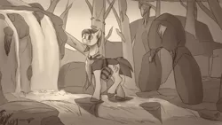 Size: 1920x1080 | Tagged: safe, artist:tenebrisnoctus, derpibooru import, fizzlepop berrytwist, tempest shadow, pony, unicorn, broken horn, cloak, clothes, female, horn, image, mare, monochrome, png, river, sepia, solo, stream, waterfall