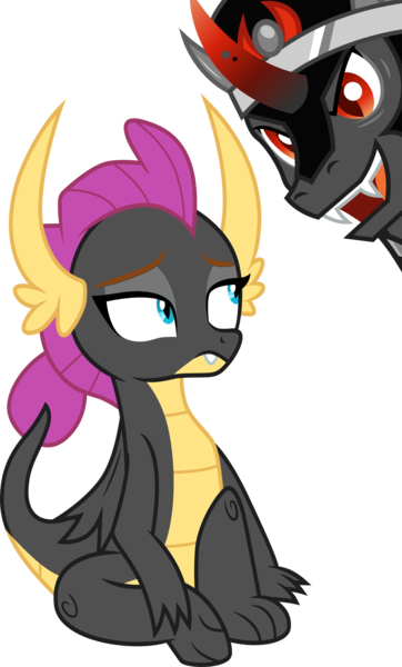 Size: 3000x4973 | Tagged: safe, artist:chrzanek97, artist:cloudyglow, derpibooru import, edit, vector edit, king sombra, smolder, dragon, umbrum, alternate universe, dragoness, father and child, father and daughter, female, image, male, png, sitting, talking, vector