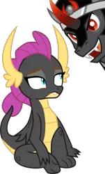 Size: 3000x4973 | Tagged: safe, artist:chrzanek97, artist:cloudyglow, derpibooru import, edit, vector edit, king sombra, smolder, dragon, umbrum, alternate universe, dragoness, father and child, father and daughter, female, image, male, png, sitting, talking, vector