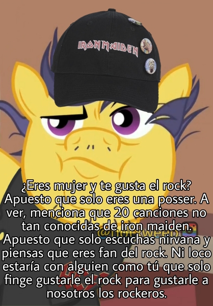 Size: 1749x2511 | Tagged: safe, derpibooru import, edit, edited screencap, editor:notxweeb, screencap, mint condition, pony, unicorn, acdc, beard, cap, clothes, facial hair, hat, image, iron maiden, jpeg, male, meme, shirt, spanish, t-shirt, text, watermark