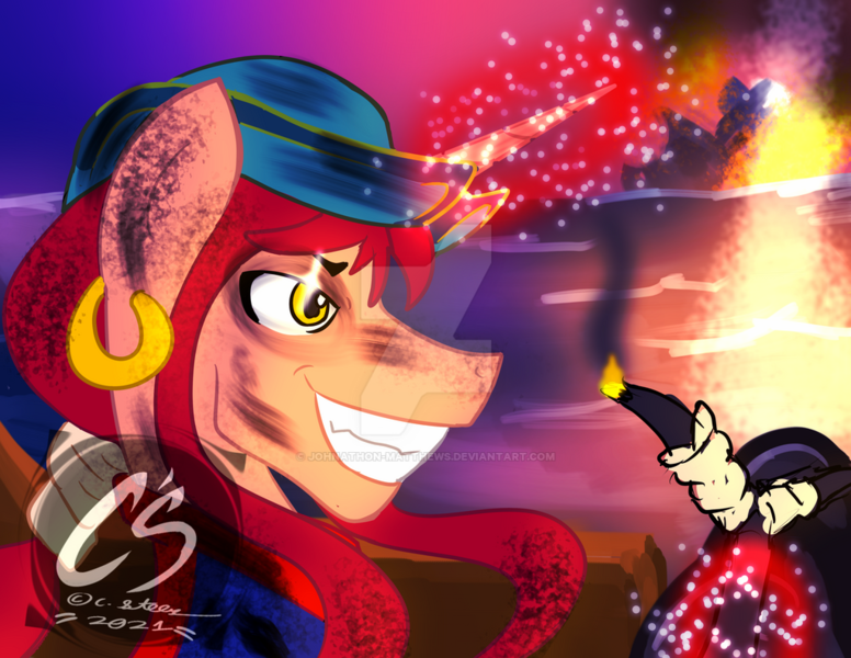 Size: 1024x792 | Tagged: safe, artist:adhiguna, artist:johnathon-matthews, derpibooru import, oc, oc:khunis jirall, alicorn, cannon, deviantart watermark, hat, image, jewelry, obtrusive watermark, pirate, png, sea of thieves, ship, watermark