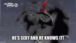 Size: 800x450 | Tagged: safe, derpibooru import, edit, edited screencap, screencap, king sombra, the beginning of the end, caption, discovery family logo, image, image macro, imgflip, jpeg, sexy, solo, stupid sexy sombra, text