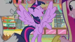 Size: 1280x720 | Tagged: safe, derpibooru import, screencap, princess cadance, shining armor, twilight sparkle, twilight sparkle (alicorn), alicorn, pony, unicorn, season 5, the one where pinkie pie knows, ^^, bipedal, cute, cutedance, excited, eyes closed, female, image, male, mare, open mouth, png, shining adorable, smiling, spread wings, stallion, sugarcube corner, trio, twiabetes, wings