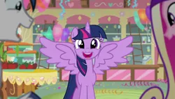 Size: 1280x720 | Tagged: safe, derpibooru import, screencap, princess cadance, shining armor, twilight sparkle, twilight sparkle (alicorn), alicorn, pony, unicorn, season 5, the one where pinkie pie knows, cute, cutedance, female, image, male, mare, open mouth, png, shining adorable, smiling, spread wings, stallion, sugarcube corner, twiabetes, wings