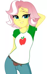 Size: 858x1337 | Tagged: safe, artist:rosemile mulberry, derpibooru import, vignette valencia, equestria girls, equestria girls series, rollercoaster of friendship, apple, beauty mark, belt, clothes, clothes swap, female, food, gradient hair, hand on head, image, jeans, looking at you, pants, png, shirt, simple background, smiling, solo, solo female, t-shirt