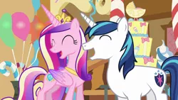 Size: 1280x720 | Tagged: safe, derpibooru import, screencap, princess cadance, shining armor, alicorn, pony, unicorn, season 5, the one where pinkie pie knows, ^^, crown, cute, cutedance, eyes closed, female, image, jewelry, laughing, male, mare, open mouth, png, regalia, shining adorable, smiling, stallion, sugarcube corner