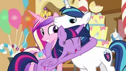 Size: 1280x720 | Tagged: safe, derpibooru import, screencap, princess cadance, shining armor, twilight sparkle, twilight sparkle (alicorn), alicorn, pony, unicorn, season 5, the one where pinkie pie knows, ^^, crown, cute, cutedance, eyes closed, female, hug, image, jewelry, male, mare, open mouth, png, regalia, shining adorable, smiling, stallion, sugarcube corner, twiabetes