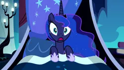 Size: 1280x720 | Tagged: safe, derpibooru import, screencap, princess luna, alicorn, pony, do princesses dream of magic sheep, season 5, bed, exploitable meme, female, image, luna's nightmare, mare, meme, open mouth, png, solo, sweat