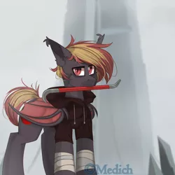 Size: 3000x3000 | Tagged: safe, artist:mediasmile666, derpibooru import, oc, unofficial characters only, bat pony, pony, bandage, bar, bat pony oc, bat wings, clothes, female, hoodie, image, mare, mouth hold, png, red eyes, slit eyes, solo, standing, wings