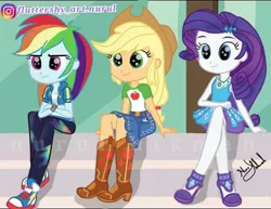 Size: 540x416 | Tagged: safe, artist:fluttershy_art.nurul, derpibooru import, edit, edited screencap, screencap, applejack, rainbow dash, rarity, equestria girls, friendship games, applejack's hat, belt, boots, canterlot high, clothes, cowboy boots, cowboy hat, cute, dashabetes, denim skirt, female, geode of shielding, hairpin, hat, high heels, hoodie, image, jackabetes, jpeg, magical geodes, raribetes, rarity peplum dress, shoes, sitting, skirt, smiling, sneakers, stairs, trio, trio female