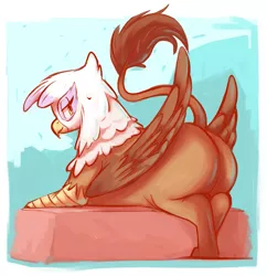 Size: 1905x1970 | Tagged: suggestive, artist:breakersunny, derpibooru import, gilda, gryphon, bedroom eyes, butt, female, gildonk, image, looking back, png, raised tail, rear view, smiling, smirk, solo, solo female, tail