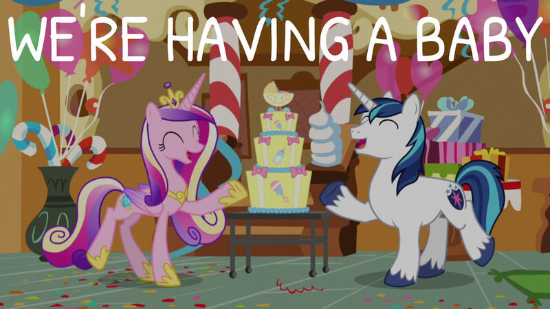 Size: 1280x720 | Tagged: safe, derpibooru import, edit, edited screencap, editor:quoterific, screencap, princess cadance, shining armor, alicorn, pony, unicorn, season 5, the one where pinkie pie knows, ^^, cake, crown, cute, cutedance, eyes closed, female, food, image, jewelry, jpeg, male, mare, open mouth, raised hoof, regalia, shining adorable, smiling, stallion, sugarcube corner