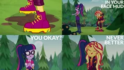 Size: 1280x720 | Tagged: safe, derpibooru import, edit, edited screencap, editor:quoterific, screencap, sci-twi, sunset shimmer, twilight sparkle, equestria girls, equestria girls series, sunset's backstage pass!, spoiler:eqg series (season 2), cute, eyes closed, female, geode of empathy, geode of telekinesis, glasses, hairpin, image, jpeg, magical geodes, music festival outfit, open mouth, ponytail, shimmerbetes, smiling