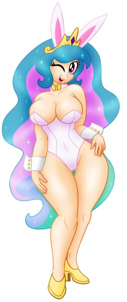 Size: 1724x4096 | Tagged: suggestive, artist:aleximusprime, derpibooru import, princess celestia, human, big breasts, breasts, bunny ears, bunnylestia, bunny suit, busty princess celestia, cleavage, clothes, curvy, hourglass figure, humanized, image, jpeg, leotard, looking at you, one eye closed, open mouth, open smile, playboy bunny, simple background, smiling, solo, thighs, thunder thighs, transparent background, wide hips, wink