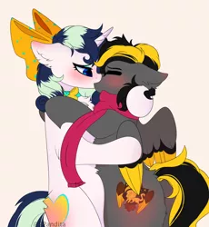 Size: 2646x2874 | Tagged: safe, artist:2pandita, derpibooru import, oc, unofficial characters only, pegasus, pony, unicorn, bow, clothes, colored wings, female, hair bow, image, kissing, mare, multicolored wings, png, scarf, wings