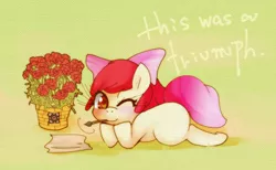 Size: 1000x616 | Tagged: safe, artist:girlieginger, derpibooru import, apple bloom, pony, companion cube, female, filly, image, jpeg, portal, portal (valve), solo