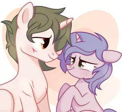 Size: 1280x1179 | Tagged: safe, artist:petruse4ka, derpibooru import, oc, unofficial characters only, pony, unicorn, duo, female, heart, horn, image, jpeg, looking at each other, male, mare, oc x oc, raised hoof, scar, shipping, smiling, stallion, unicorn oc