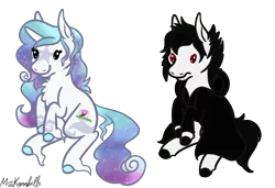 Size: 1268x867 | Tagged: safe, artist:misskanabelle, derpibooru import, oc, unofficial characters only, earth pony, pony, chest fluff, colored hooves, commission, duo, ear fluff, earth pony oc, ethereal mane, female, hoof fluff, image, mare, png, signature, simple background, sitting, smiling, starry mane, transparent background, ych result