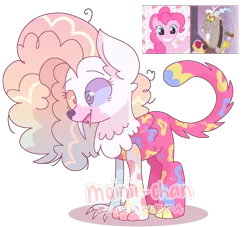 Size: 1266x1151 | Tagged: safe, artist:maiii-san, derpibooru import, pinkie pie, oc, draconequus, earth pony, pony, draconequus oc, female, grin, heterochromia, image, interspecies offspring, male, mare, offspring, parent:discord, parent:pinkie pie, parents:discopie, png, screencap reference, simple background, smiling, transparent background