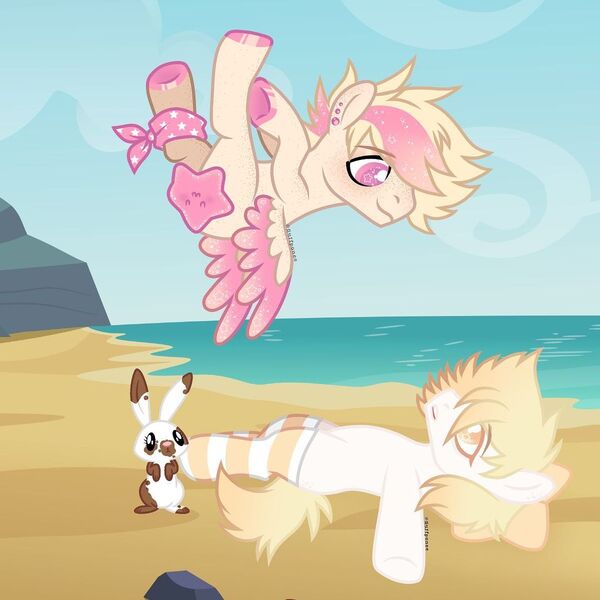 Size: 1080x1080 | Tagged: safe, artist:fluffponee, derpibooru import, oc, unofficial characters only, pony, rabbit, animal, clothes, duo, ear piercing, ethereal mane, flying, hoof polish, image, jpeg, lying down, male, on back, outdoors, piercing, smiling, socks, stallion, starry eyes, starry mane, striped socks, two toned wings, wingding eyes, wings