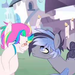 Size: 1080x1080 | Tagged: safe, artist:fluffponee, derpibooru import, oc, unofficial characters only, earth pony, pony, bandaid, bust, candle, colored hooves, duo, earth pony oc, ethereal mane, gay, grin, image, jpeg, male, outdoors, smiling, stallion, starry mane