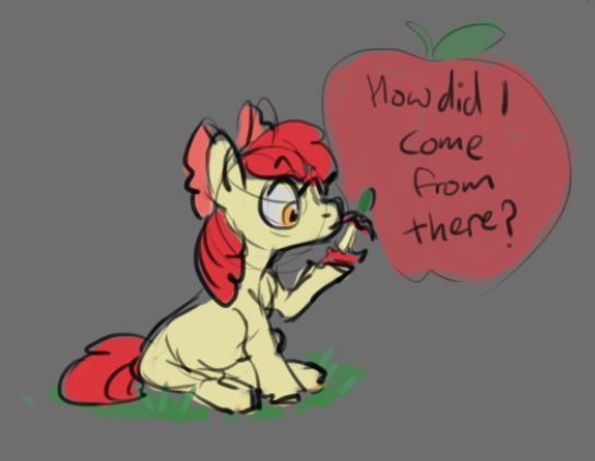Size: 545x422 | Tagged: safe, artist:purple-blep, derpibooru import, apple bloom, earth pony, pony, apple, female, filly, food, image, png, solo, text