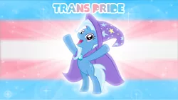 Size: 5360x3009 | Tagged: safe, artist:andoanimalia, derpibooru import, trixie, pony, unicorn, bipedal, cape, clothes, female, hat, image, looking at you, open mouth, png, pride, pride flag, solo, trans trixie, transgender, transgender pride flag, trixie's cape, trixie's hat, y pose