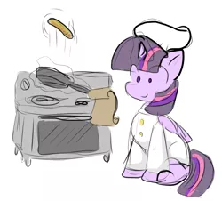Size: 722x654 | Tagged: safe, artist:zutcha, twilight sparkle, twilight sparkle (alicorn), alicorn, pony, chef's hat, clothes, cooking, female, hat, image, levitation, magic, mare, oven, pan, png, recipe, simple background, sketch, solo, stove, telekinesis, white background