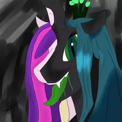 Size: 894x894 | Tagged: safe, artist:bioman1998, artist:karmazoid, derpibooru import, princess cadance, queen chrysalis, alicorn, changeling, changeling queen, pony, bride, bust, crown, dark background, disguise, disguised changeling, drool, duality, duo, duo female, edgy, excited, fake cadance, fangs, female, high res, horn, image, jewelry, jpeg, long tongue, looking at you, maw, mawshot, open mouth, regalia, salivating, simple background, smiling, smiling at you, teeth, tongue out, two sides