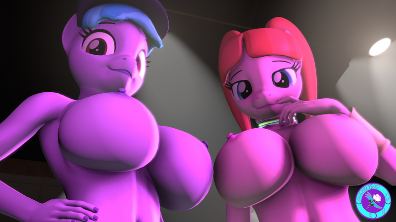 Size: 3840x2160 | Tagged: questionable, artist:pootanger_sfm, derpibooru import, azure velour, pacific glow, anthro, earth pony, 3d, big breasts, breasts, busty azure velour, busty pacific glow, female, females only, hand on hip, high res, huge breasts, image, looking at you, looking down, looking down at you, nipples, nudity, png, seductive look, source filmmaker