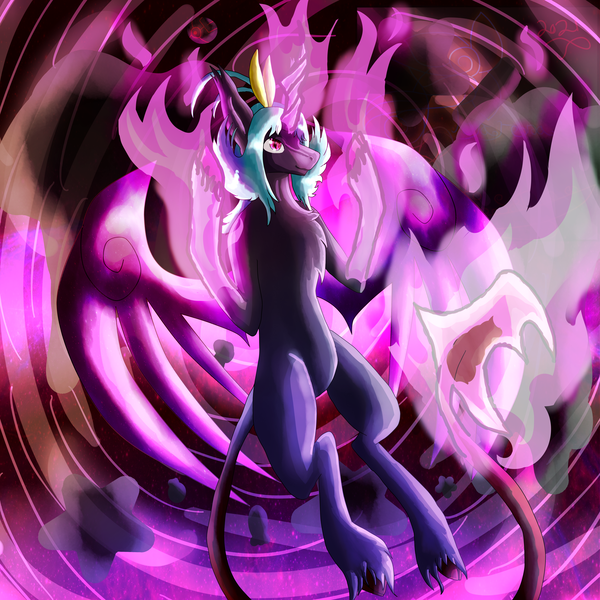 Size: 5800x5800 | Tagged: safe, artist:florarena-kitasatina/dragonborne fox, derpibooru import, ponified, demon, pony, a bajillion light sources, absurd resolution, all the pink, artificial wings, augmented, cel shading, chaos, cloven hooves, crooked horn, fire, here we go again, horn, how even, image, magic, magic wings, magical devil, mio (100% orange juice), png, reality is out to lunch, shading, signature, unshorn fetlocks, vortex, watermark, why, wings