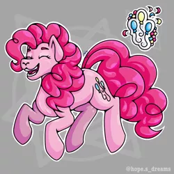 Size: 768x768 | Tagged: safe, artist:hopes-dream, derpibooru import, pinkie pie, earth pony, pony, abstract background, eyes closed, female, image, jpeg, open mouth, pinkie pie's cutie mark, solo