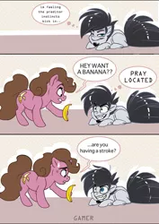 Size: 700x986 | Tagged: safe, artist:thegamercolt, derpibooru import, oc, oc:banana pie, oc:thegamercolt, unofficial characters only, earth pony, pony, banana, big mane, big tail, fluffy, food, image, jpeg, silly, this will end in pain