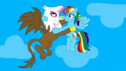 Size: 3264x1836 | Tagged: safe, artist:the double u, derpibooru import, gilda, rainbow dash, gryphon, pegasus, cloud, fanfic art, female, gildash, holding each other, image, jpeg, lesbian, lgbtq, looking at each other, shipping, sky