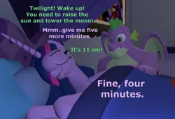 Size: 1580x1080 | Tagged: safe, artist:red4567, derpibooru import, princess twilight 2.0, spike, twilight sparkle, twilight sparkle (alicorn), alicorn, dragon, pony, princess spike (episode), the last problem, 3d, atg 2021, eyes closed, female, image, lazy, male, newbie artist training grounds, older, older spike, older twilight, open mouth, png, sleeping, source filmmaker