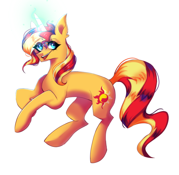 Size: 1974x1924 | Tagged: safe, artist:neonbugzz, derpibooru import, sunset shimmer, ponified, pony, unicorn, equestria girls, equestria girls series, equestria girls ponified, fanart, image, magic, my little pony, png, smiling