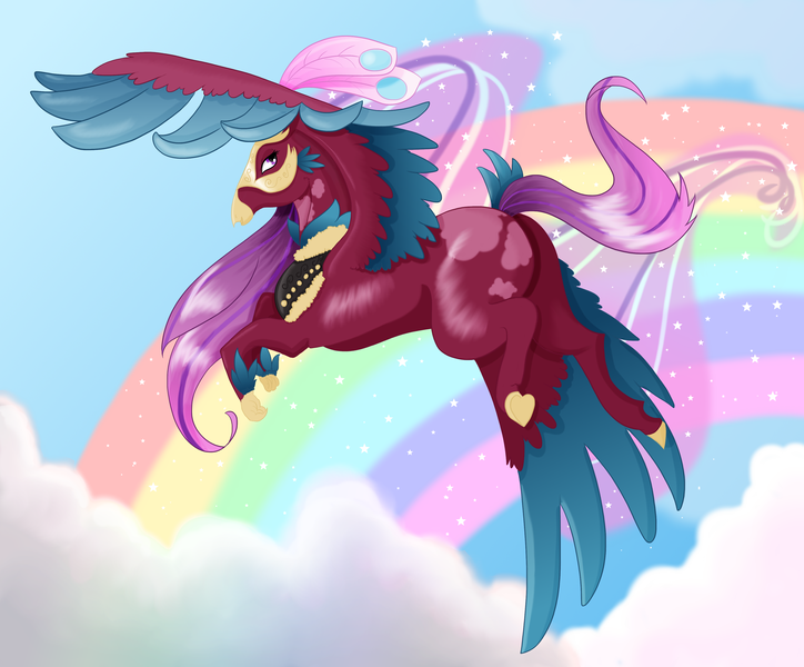 Size: 3500x2900 | Tagged: safe, artist:elena-naqua, derpibooru import, oc, unofficial characters only, classical hippogriff, hippogriff, adoptable, claws, cloud, crown, eyelashes, feather, female, flying, image, jewelry, png, purple eyes, purple mane, rainbow, regalia, sky, smiling, solo, spread wings, stars, wings