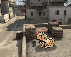 Size: 640x514 | Tagged: safe, artist:slavedemorto, edit, oc, oc:backy, unofficial characters only, earth pony, pony, animated, bomb, counter-strike, counter-strike: global offensive, cropped, crouching, female, gif, image, knife, solo, weapon
