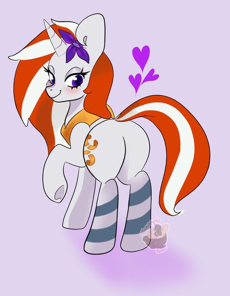 Size: 1593x2048 | Tagged: safe, artist:pineappleartz, derpibooru import, oc, oc:starry bluemoon, unicorn, butt, cute, cutie mark, flower, image, jpeg, looking at you, looking back, looking back at you, simple background, solo, tail, underhoof